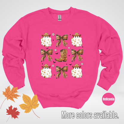 Western Coquette Leather Cowboy Boots And Fall Ghosts with Flowers and Bats Crewneck Sweatshirt