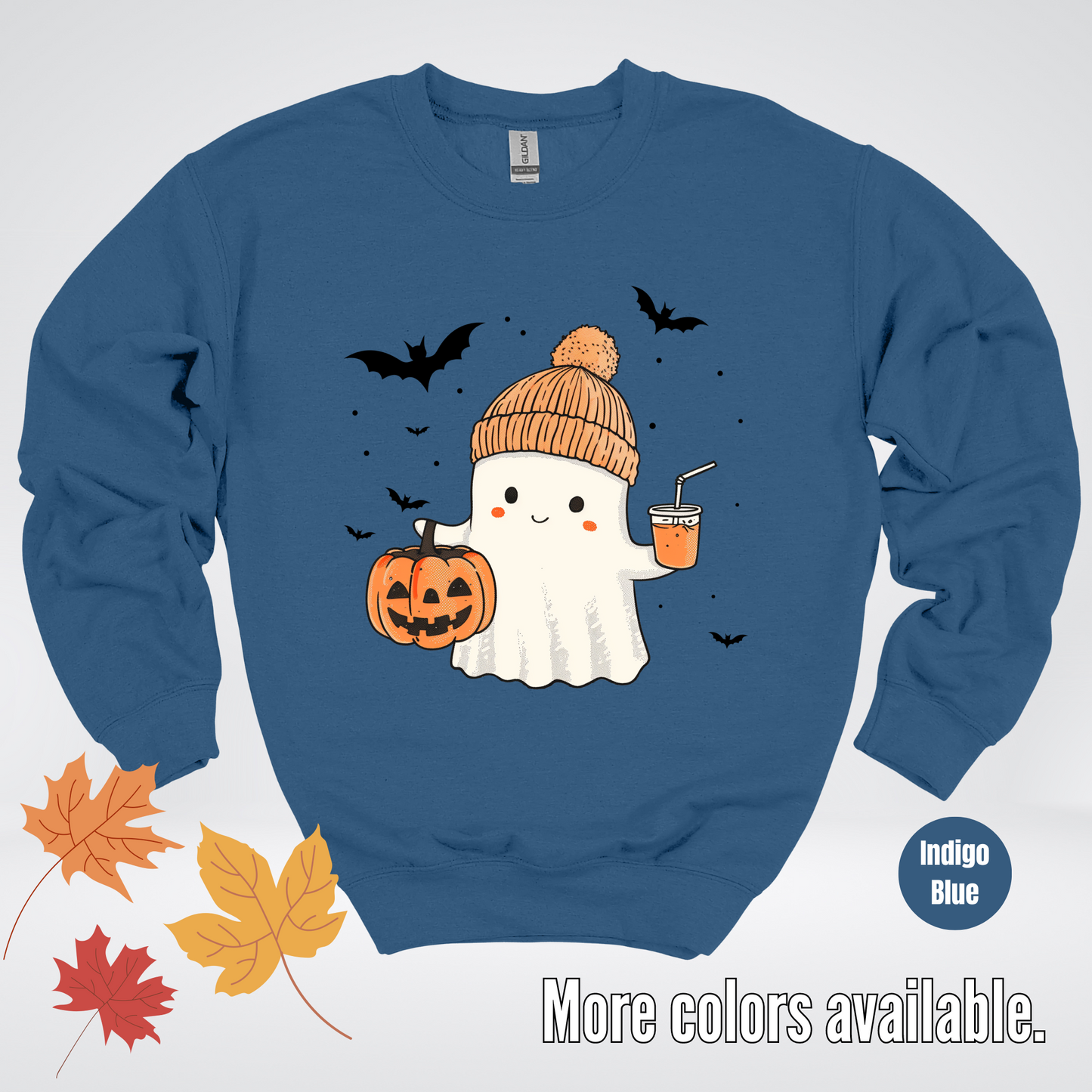 Cute Fall Ghost with Pumpkin And Bats Crewneck Sweatshirt