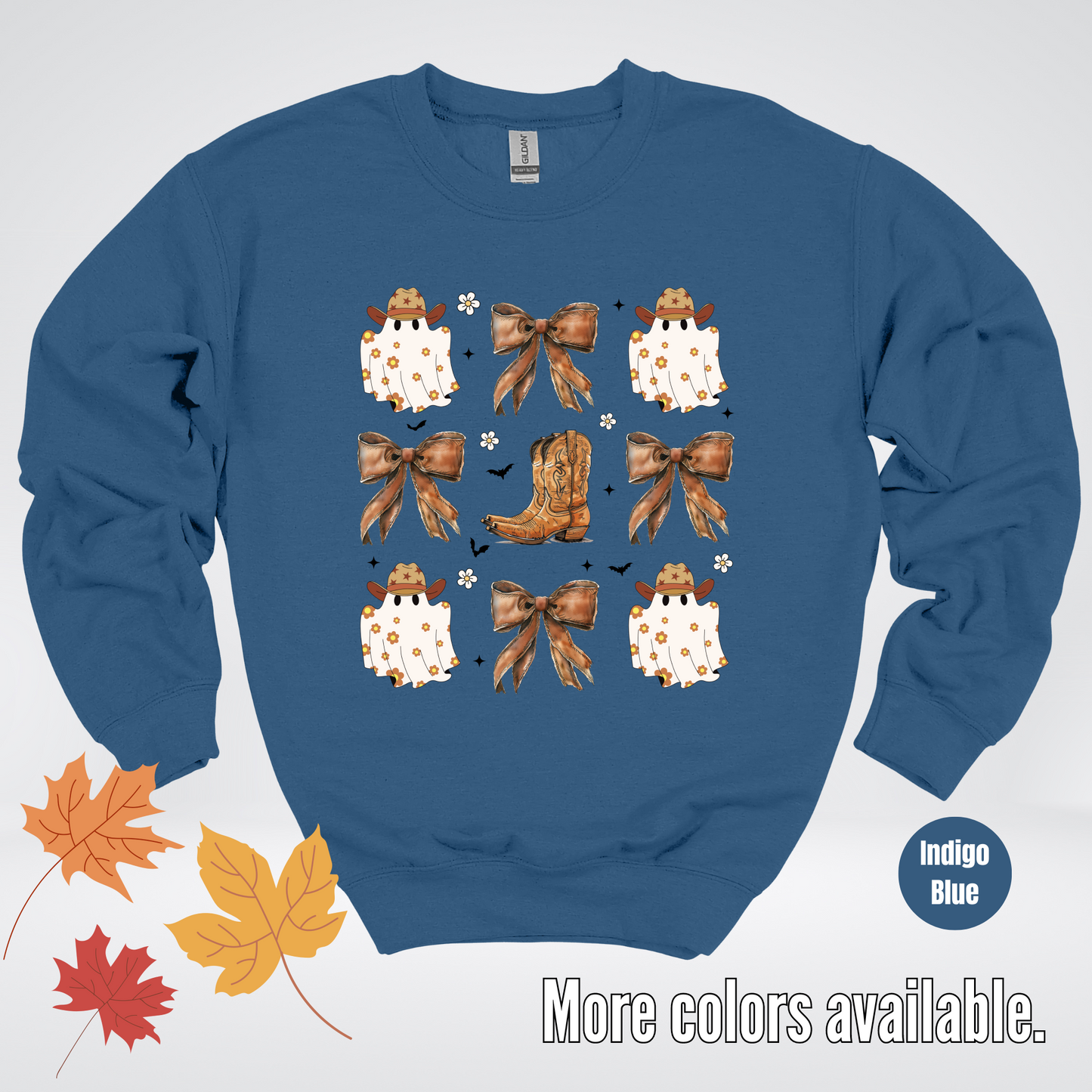 Western Coquette Leather Cowboy Boots And Fall Ghosts with Flowers and Bats Crewneck Sweatshirt