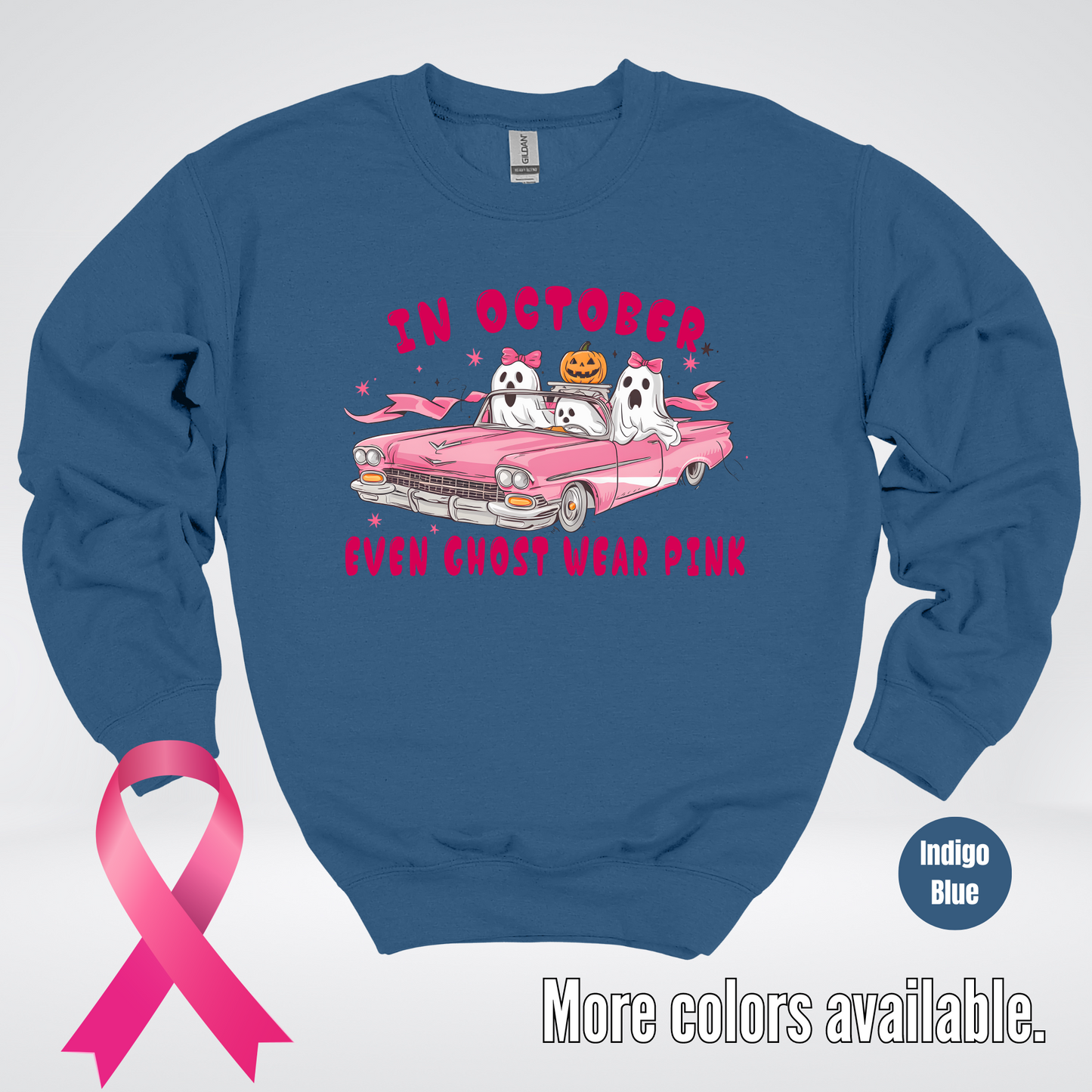 In October Even Ghost Wear Pink Halloween Coquette Breast Cancer Awareness Crewneck Sweatshirt