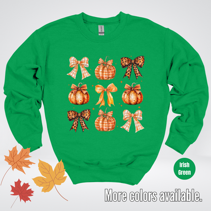 Fall Coquette Leopard Print and Flannel Bows And Pumpkins Crewneck Sweatshirt