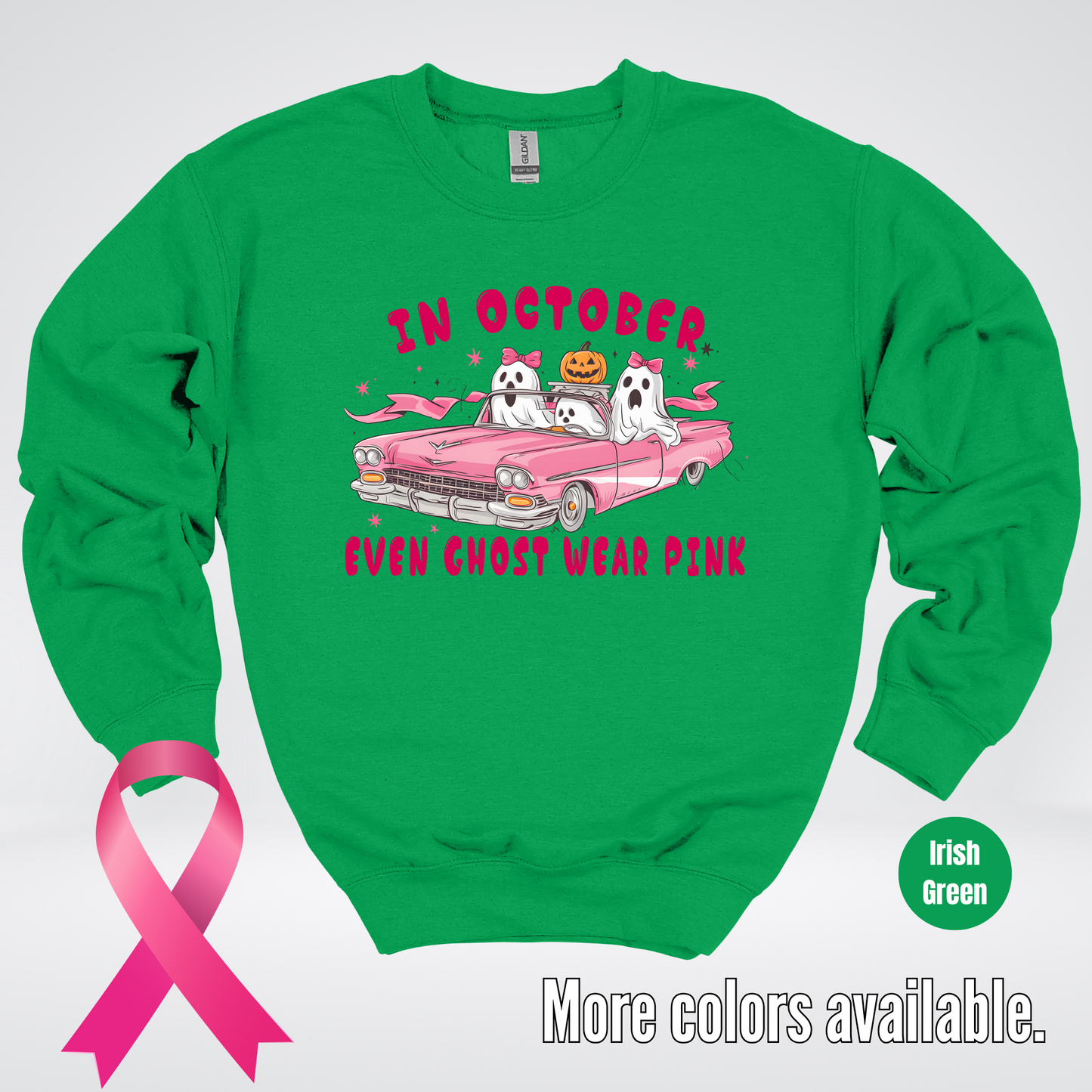 In October Even Ghost Wear Pink Halloween Coquette Breast Cancer Awareness Crewneck Sweatshirt