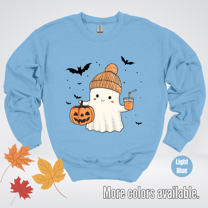 Cute Fall Ghost with Pumpkin And Bats Crewneck Sweatshirt