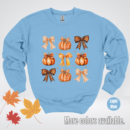 Fall Coquette Leopard Print and Flannel Bows And Pumpkins Crewneck Sweatshirt