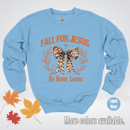 Fall For Jesus He Never Leaves Leopard Print Coquette Crewneck Sweatshirt