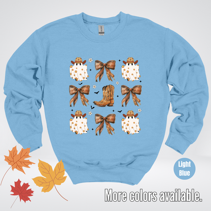 Western Coquette Leather Cowboy Boots And Fall Ghosts with Flowers and Bats Crewneck Sweatshirt