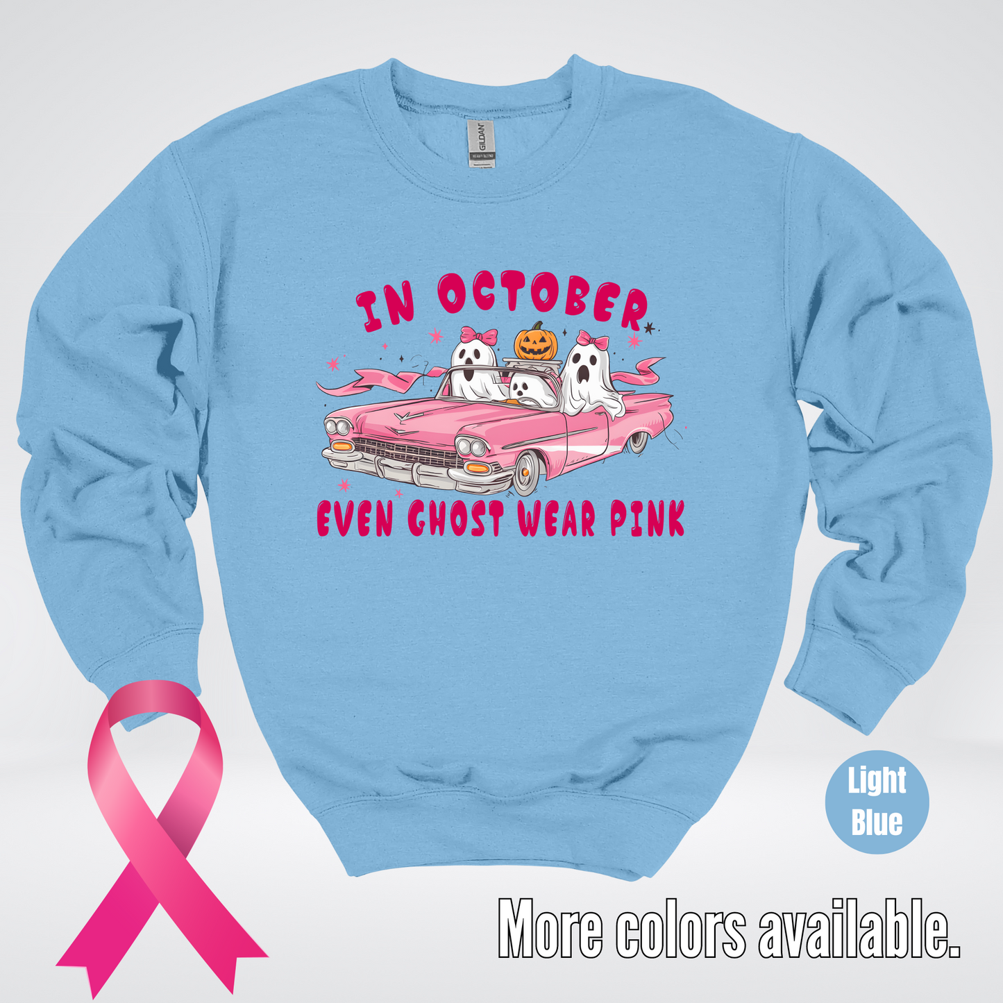 In October Even Ghost Wear Pink Halloween Coquette Breast Cancer Awareness Crewneck Sweatshirt