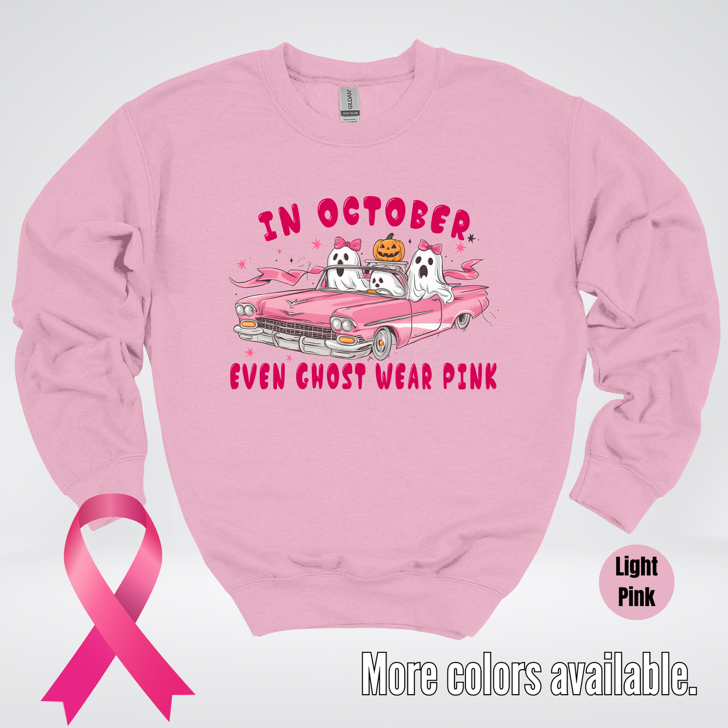 In October Even Ghost Wear Pink Halloween Coquette Breast Cancer Awareness Crewneck Sweatshirt