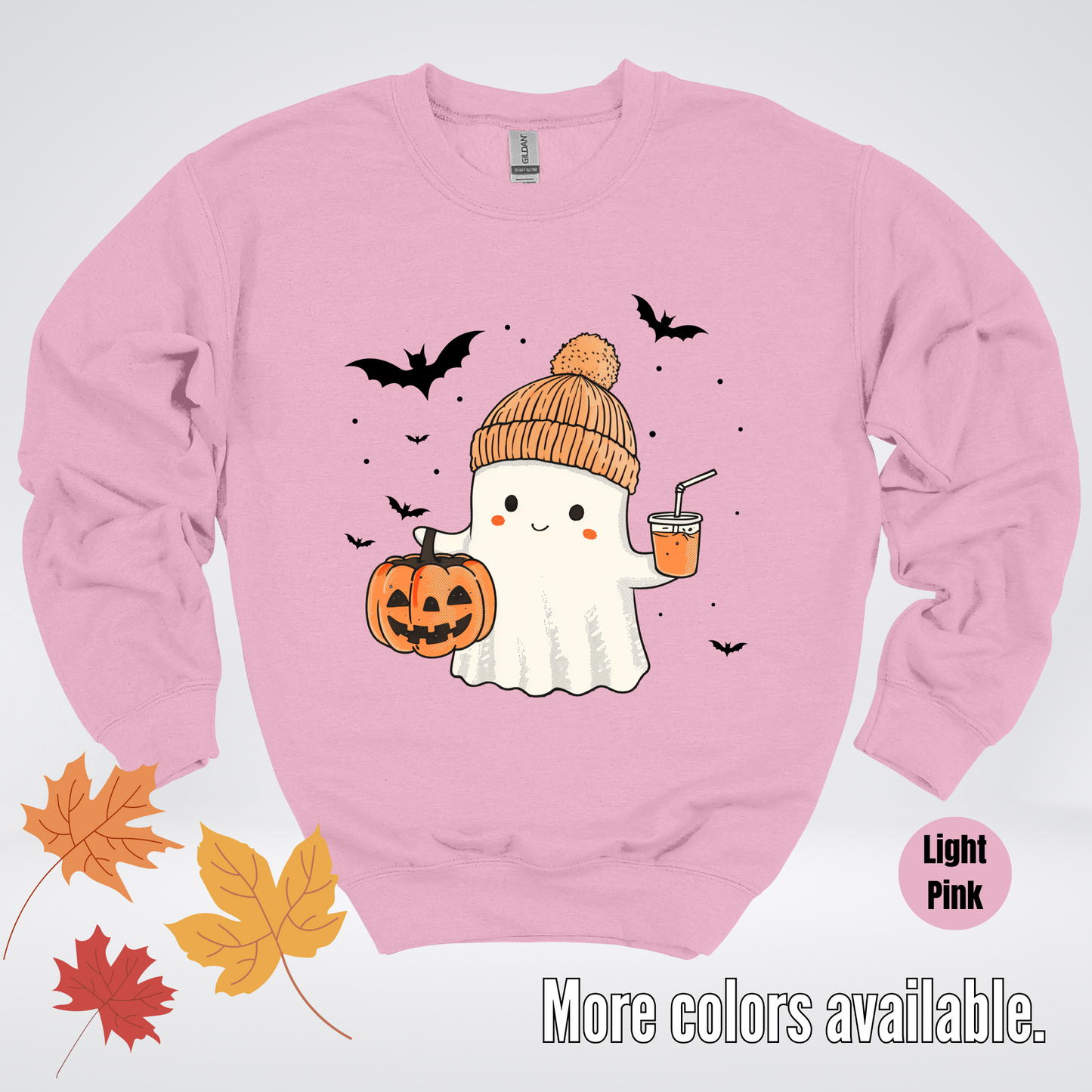 Cute Fall Ghost with Pumpkin And Bats Crewneck Sweatshirt