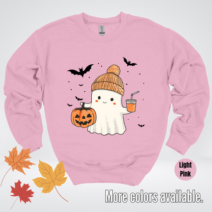 Cute Fall Ghost with Pumpkin And Bats Crewneck Sweatshirt