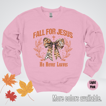 Fall For Jesus He Never Leaves Leopard Print Coquette Crewneck Sweatshirt