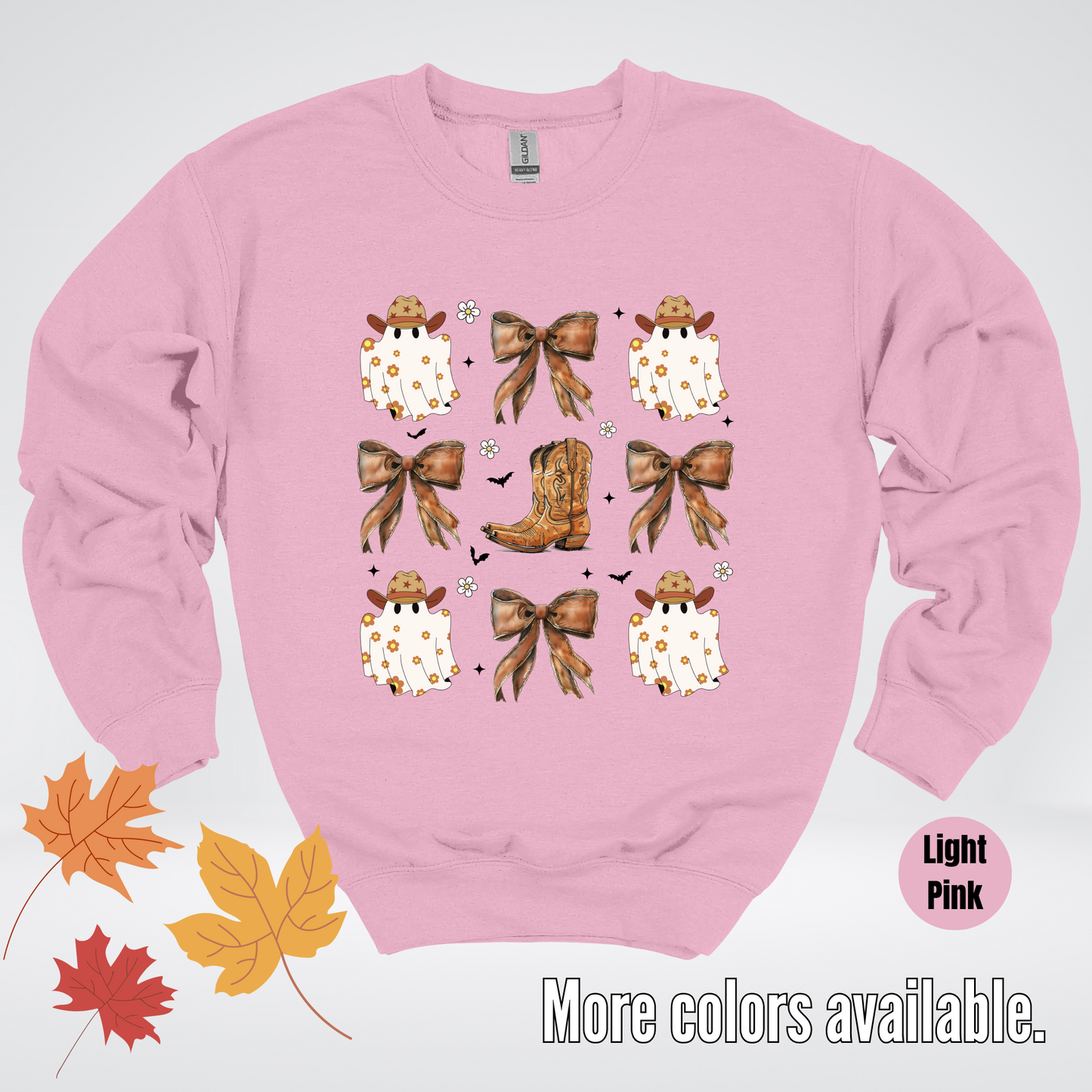 Western Coquette Leather Cowboy Boots And Fall Ghosts with Flowers and Bats Crewneck Sweatshirt