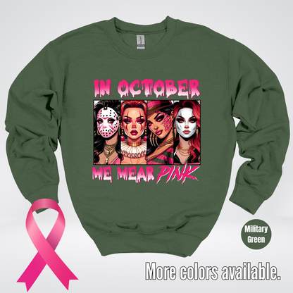 Halloween Bad Girls in October We Wear Pink Horror Movie Characters 2 Crewneck Sweatshirt