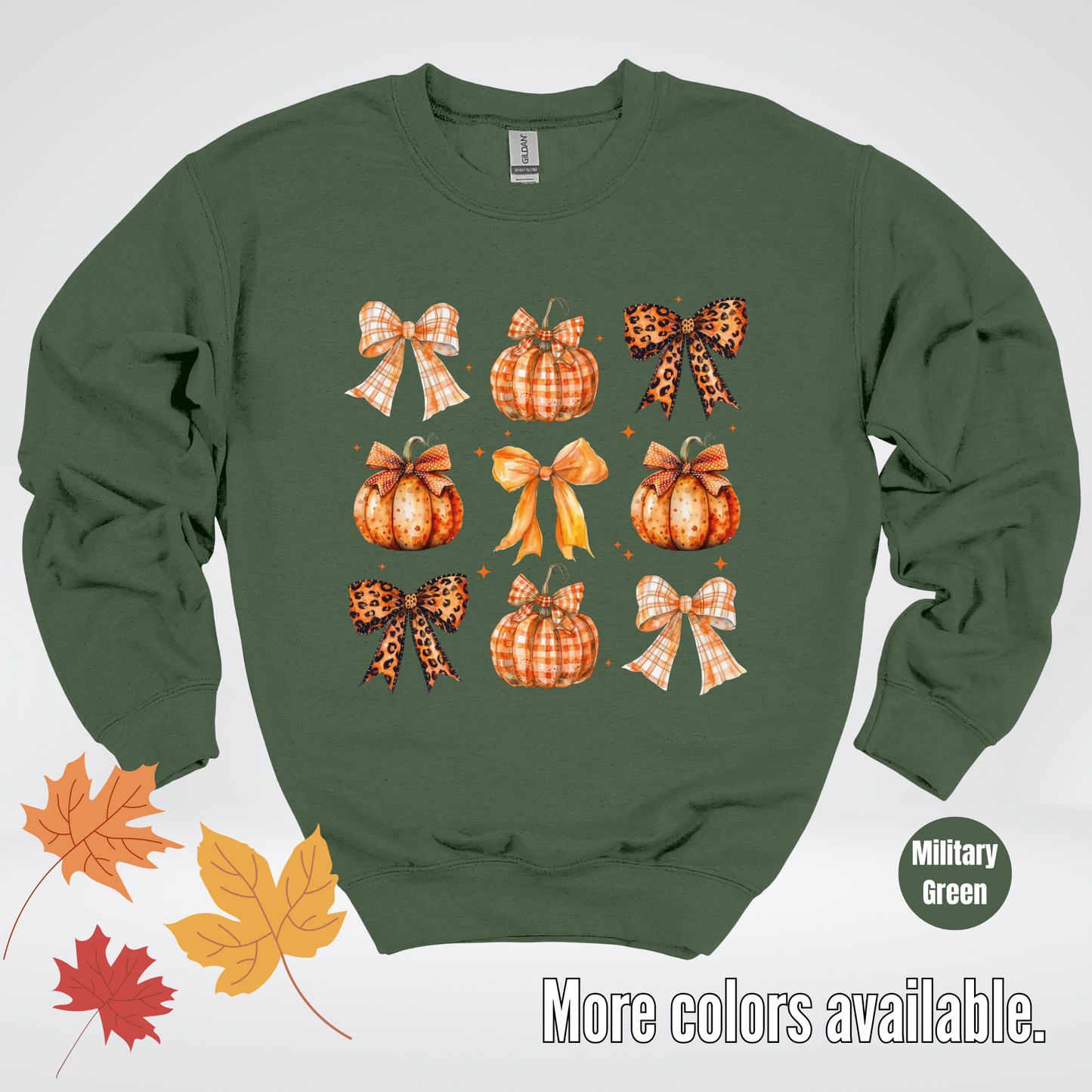 Fall Coquette Leopard Print and Flannel Bows And Pumpkins Crewneck Sweatshirt