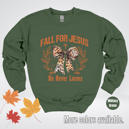 Fall For Jesus He Never Leaves Leopard Print Coquette Crewneck Sweatshirt