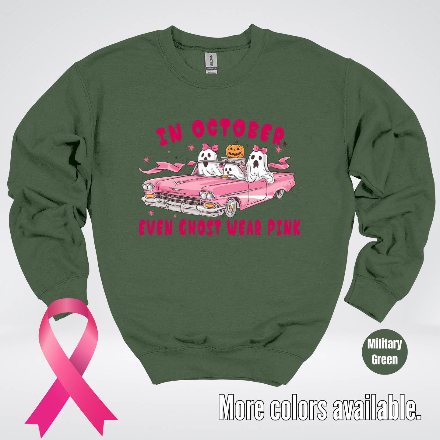 In October Even Ghost Wear Pink Halloween Coquette Breast Cancer Awareness Crewneck Sweatshirt