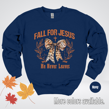 Fall For Jesus He Never Leaves Leopard Print Coquette Crewneck Sweatshirt