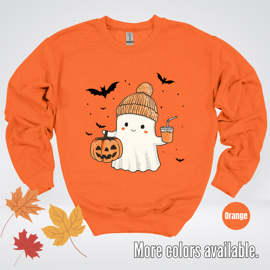 Cute Fall Ghost with Pumpkin And Bats Crewneck Sweatshirt