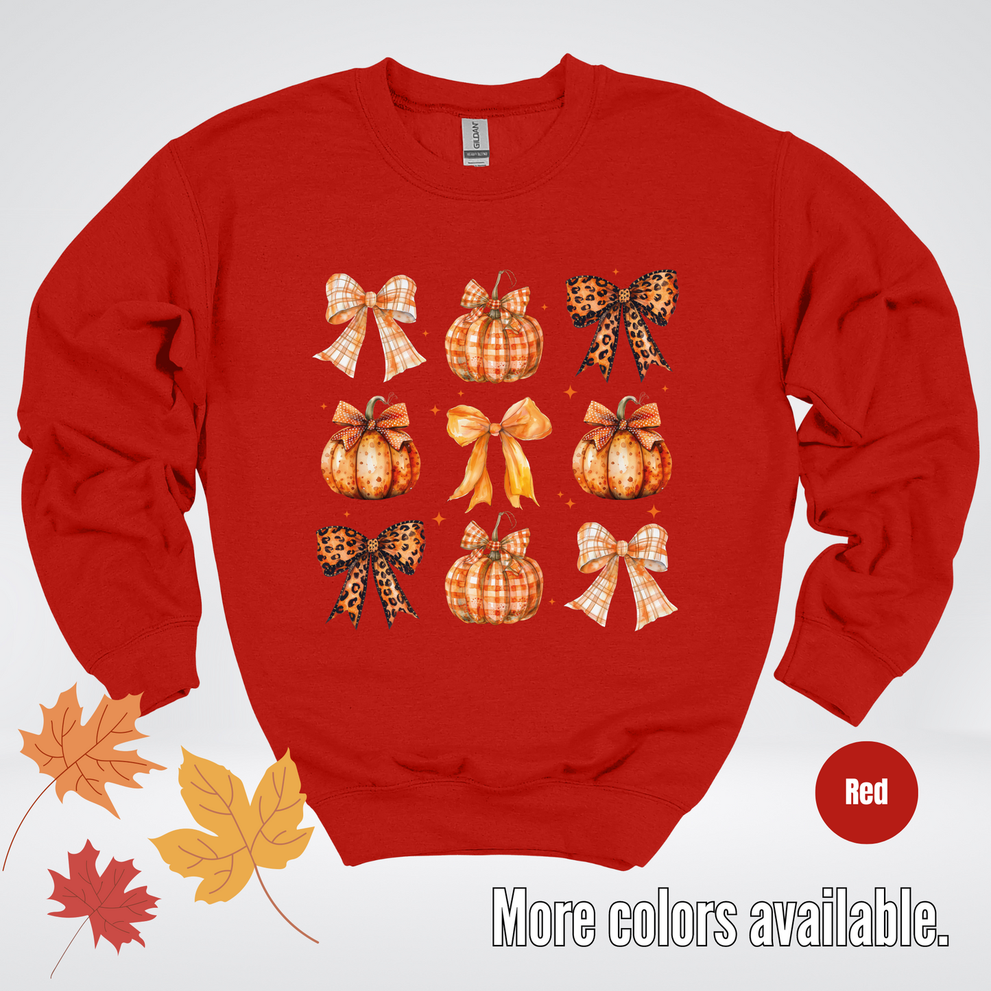 Fall Coquette Leopard Print and Flannel Bows And Pumpkins Crewneck Sweatshirt