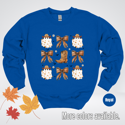 Western Coquette Leather Cowboy Boots And Fall Ghosts with Flowers and Bats Crewneck Sweatshirt