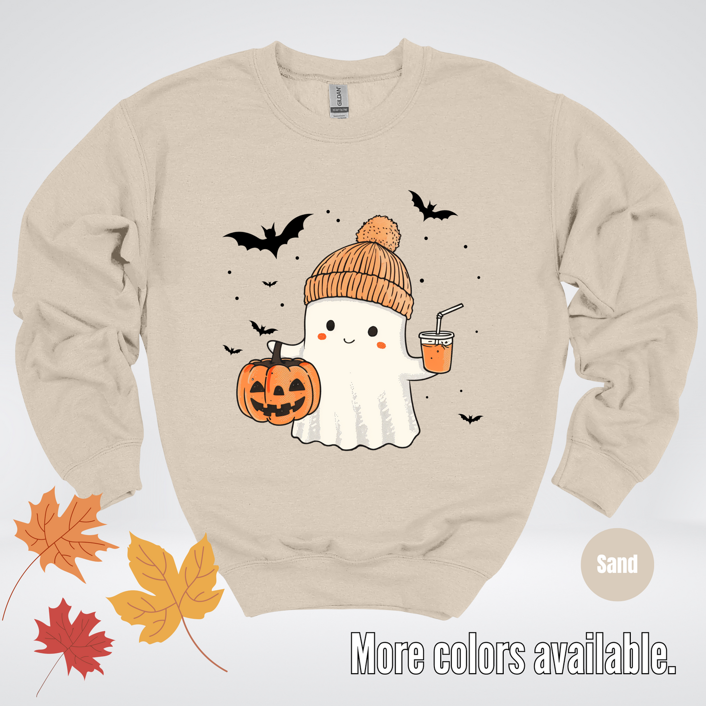 Cute Fall Ghost with Pumpkin And Bats Crewneck Sweatshirt