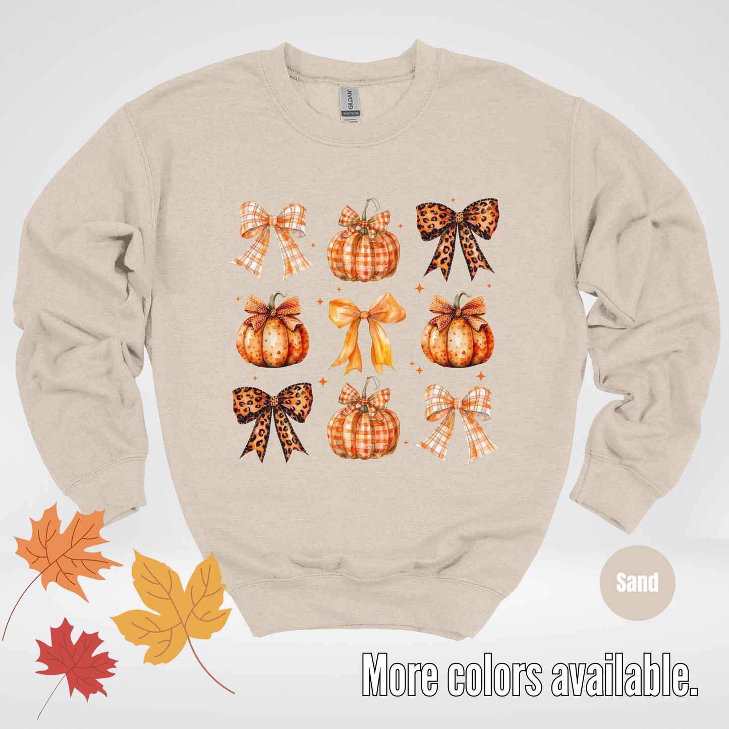 Fall Coquette Leopard Print and Flannel Bows And Pumpkins Crewneck Sweatshirt