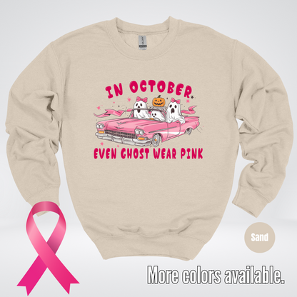 In October Even Ghost Wear Pink Halloween Coquette Breast Cancer Awareness Crewneck Sweatshirt