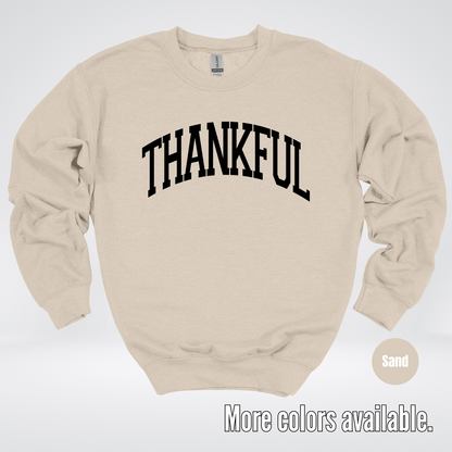 Thankful Varsity Crewneck Sweatshirt - Black Design