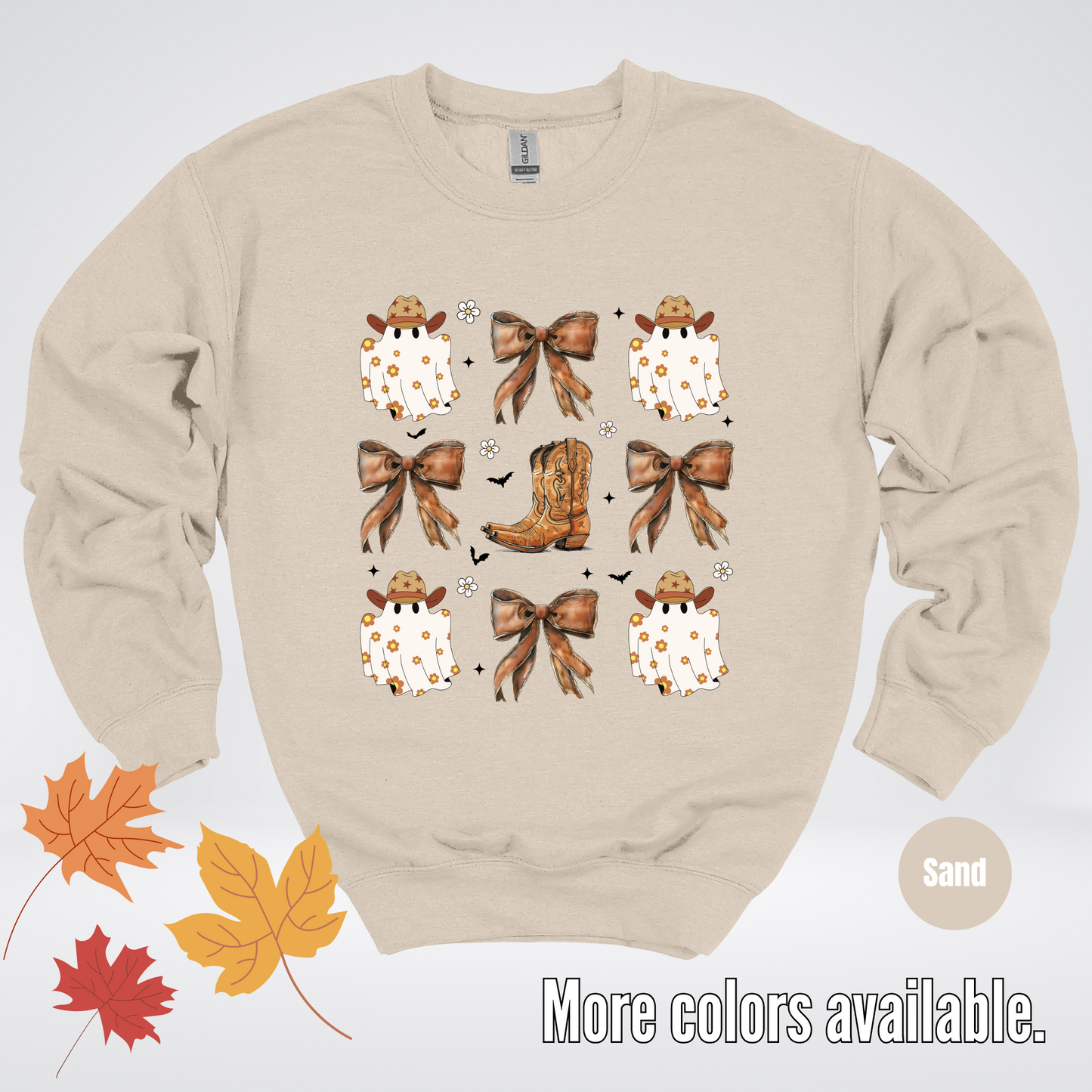 Western Coquette Leather Cowboy Boots And Fall Ghosts with Flowers and Bats Crewneck Sweatshirt