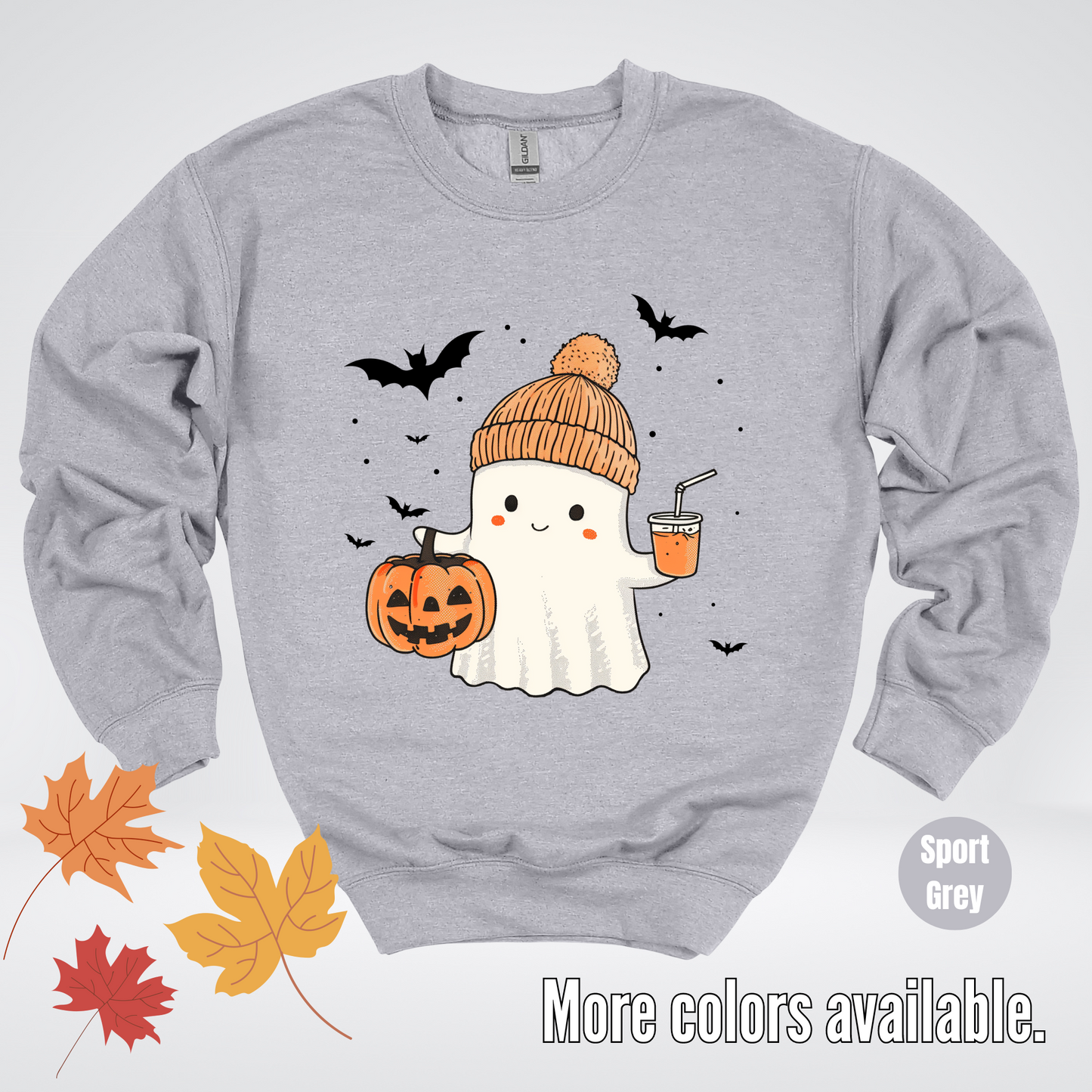 Cute Fall Ghost with Pumpkin And Bats Crewneck Sweatshirt