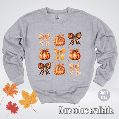 Fall Coquette Leopard Print and Flannel Bows And Pumpkins Crewneck Sweatshirt