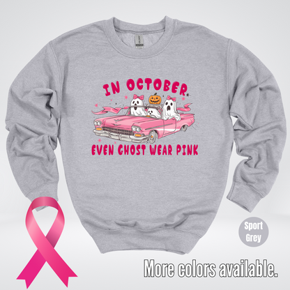 In October Even Ghost Wear Pink Halloween Coquette Breast Cancer Awareness Crewneck Sweatshirt