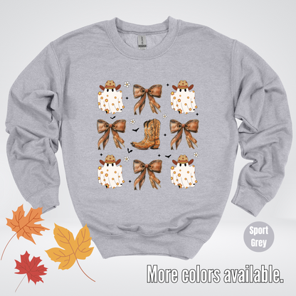 Western Coquette Leather Cowboy Boots And Fall Ghosts with Flowers and Bats Crewneck Sweatshirt