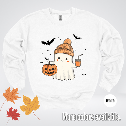 Cute Fall Ghost with Pumpkin And Bats Crewneck Sweatshirt