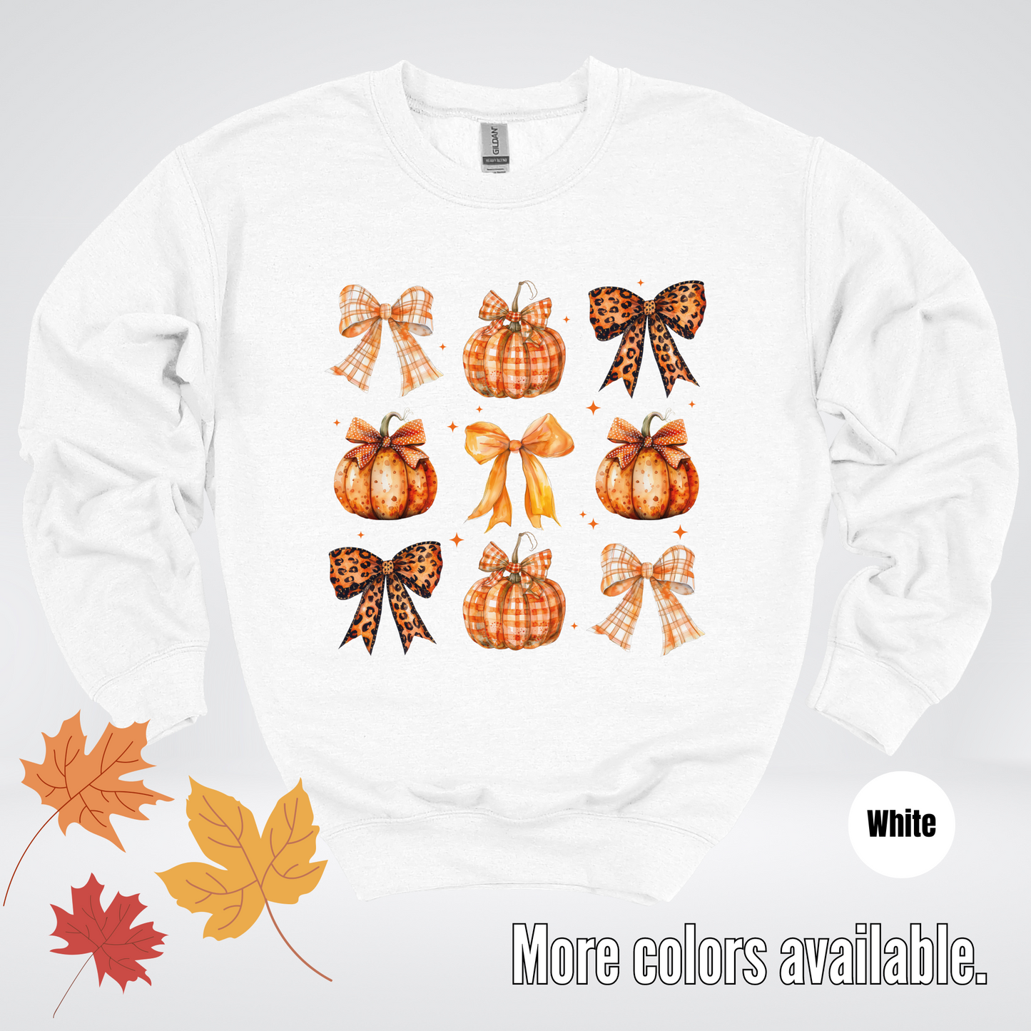 Fall Coquette Leopard Print and Flannel Bows And Pumpkins Crewneck Sweatshirt