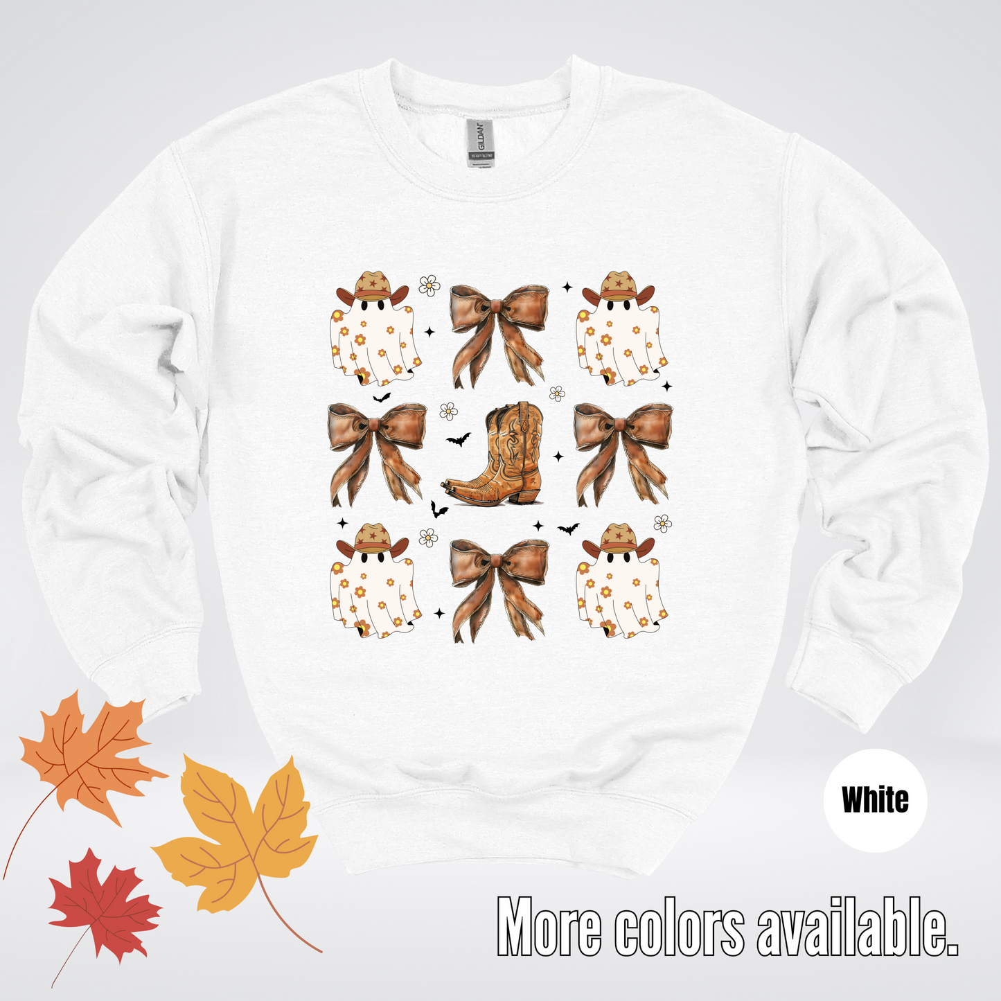 Western Coquette Leather Cowboy Boots And Fall Ghosts with Flowers and Bats Crewneck Sweatshirt