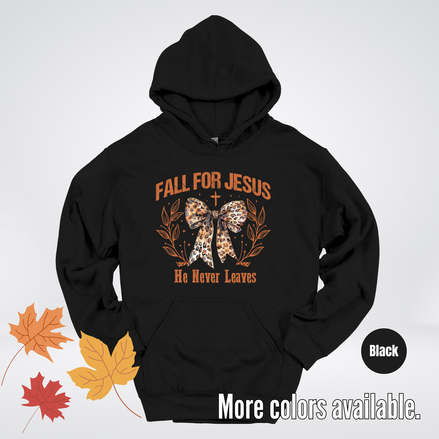 Fall For Jesus He Never Leaves Leopard Print Coquette Hoodie