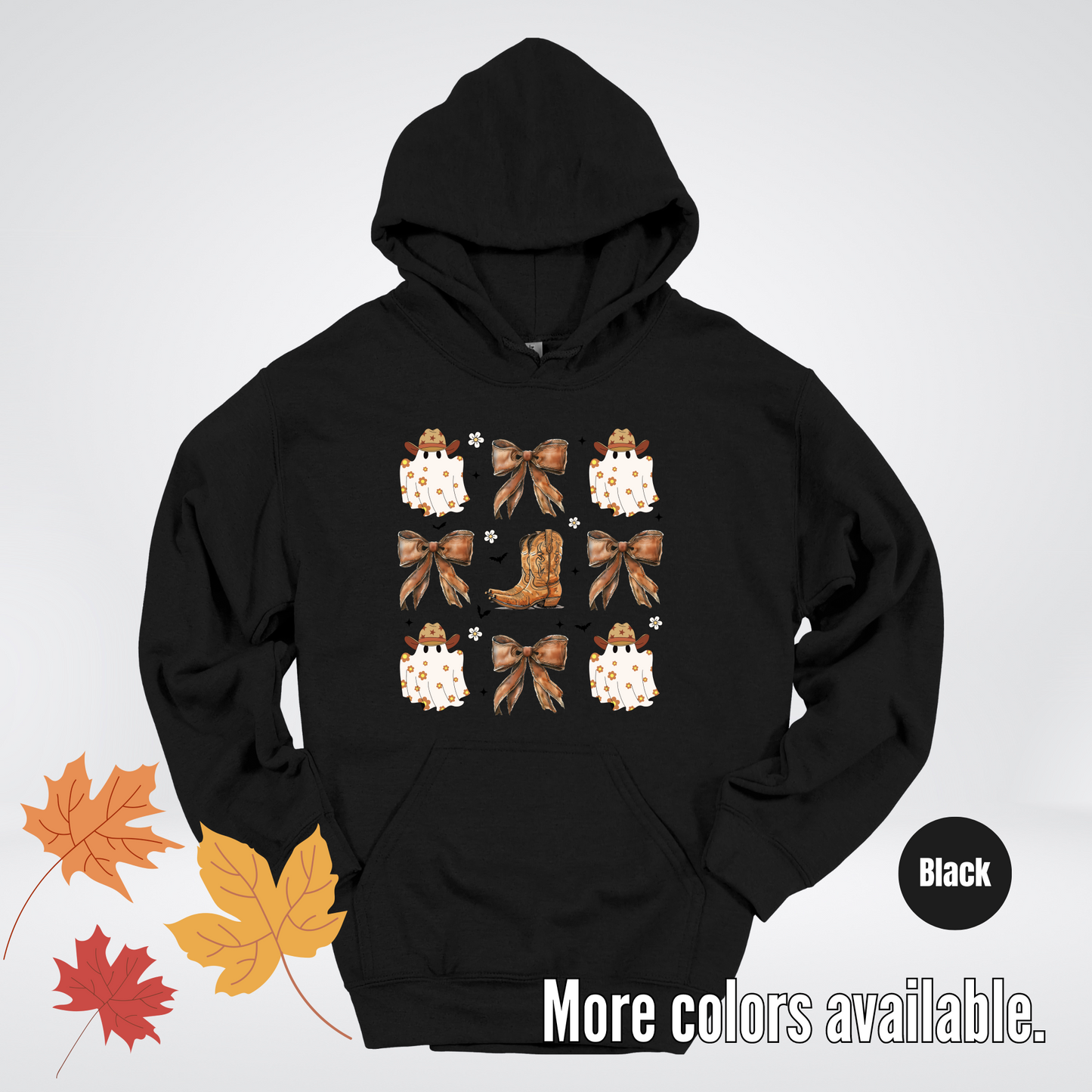 Western Coquette Leather Cowboy Boots And Fall Ghosts with Flowers and Bats Hoodie