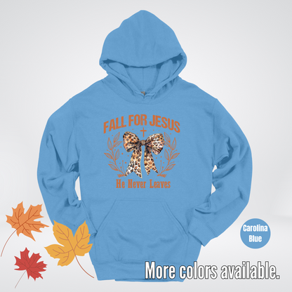 Fall For Jesus He Never Leaves Leopard Print Coquette Hoodie