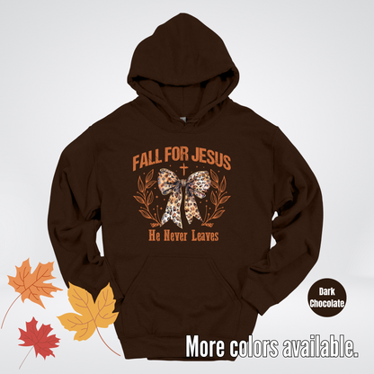 Fall For Jesus He Never Leaves Leopard Print Coquette Hoodie