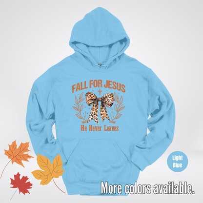 Fall For Jesus He Never Leaves Leopard Print Coquette Hoodie