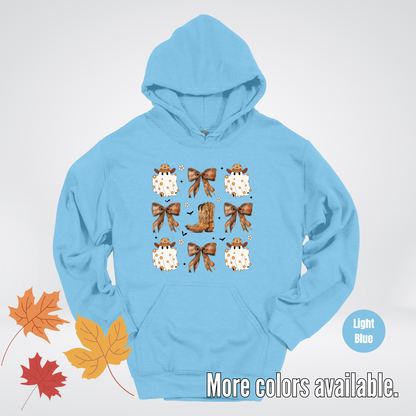 Western Coquette Leather Cowboy Boots And Fall Ghosts with Flowers and Bats Hoodie