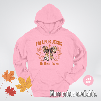 Fall For Jesus He Never Leaves Leopard Print Coquette Hoodie