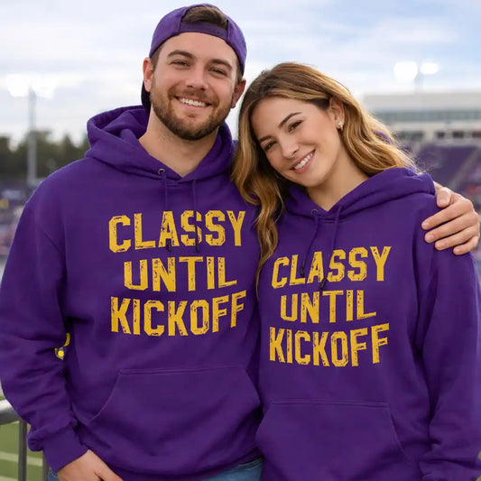 Classy Until Kickoff – Purple & Victory Gold Football Fan Graphic - Hoodie