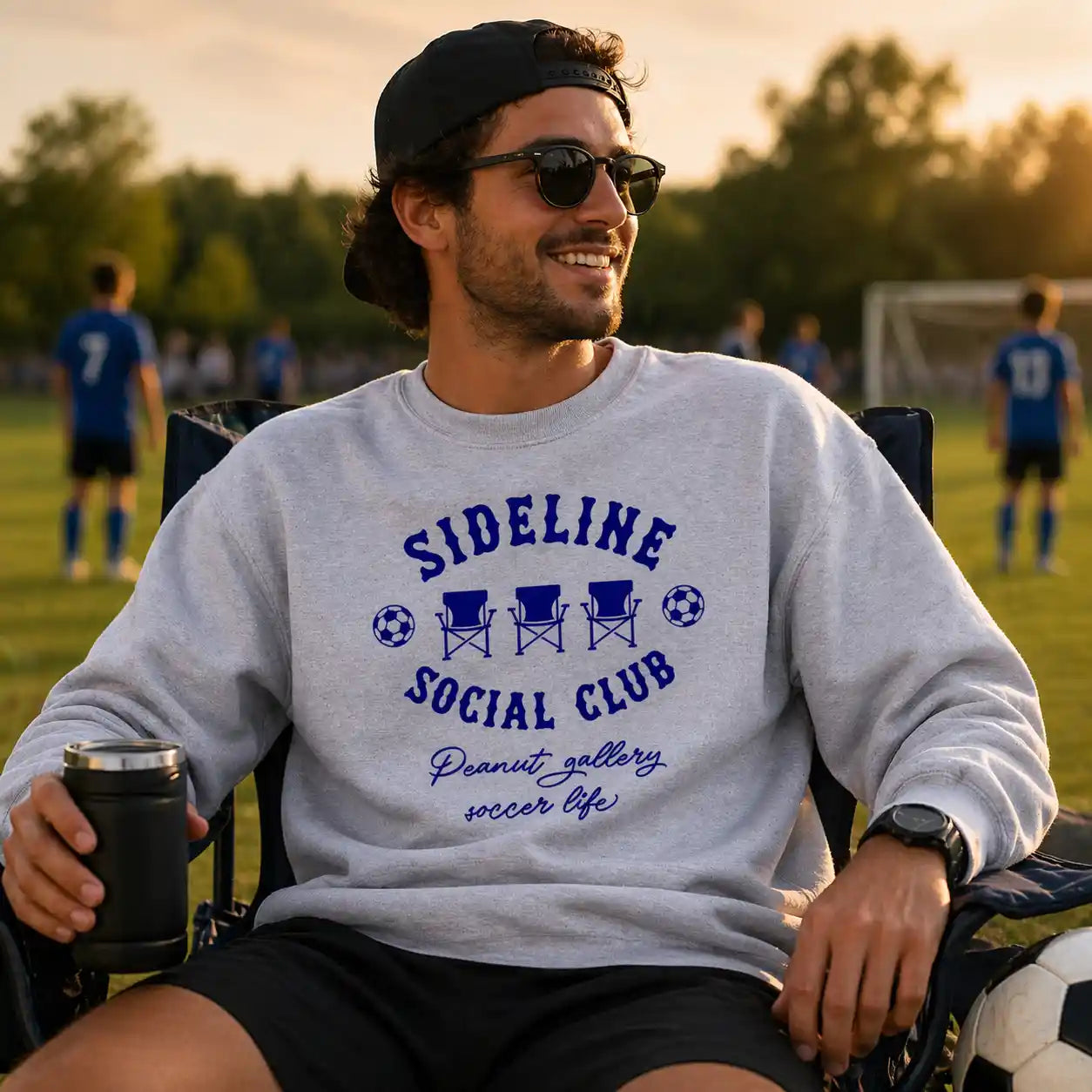 Sideline Social Club Peanut Gallery Soccer Life – Navy Design – Soccer Crewneck Sweatshirt