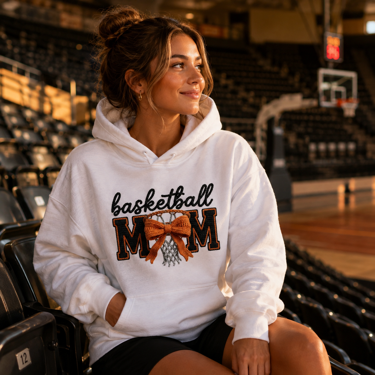 Basketball Mom – Faux Crochet Bow Basketball Graphic Hoodie