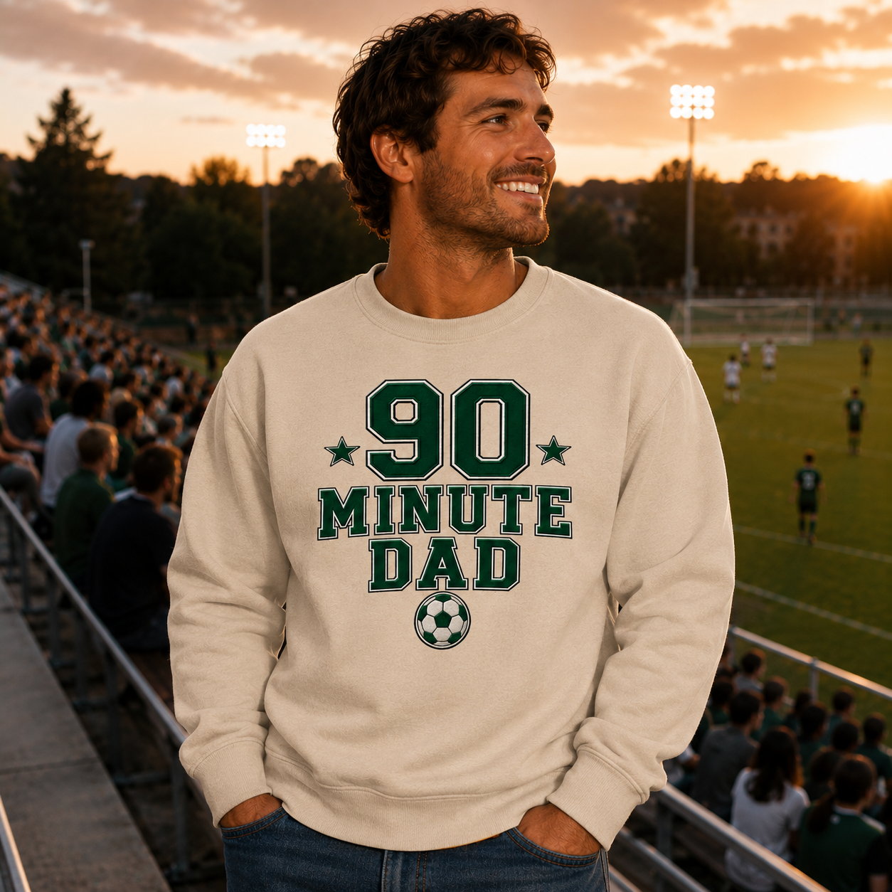 90 Minute Dad – Faux Embroidery Soccer Dad Crewneck Sweatshirt