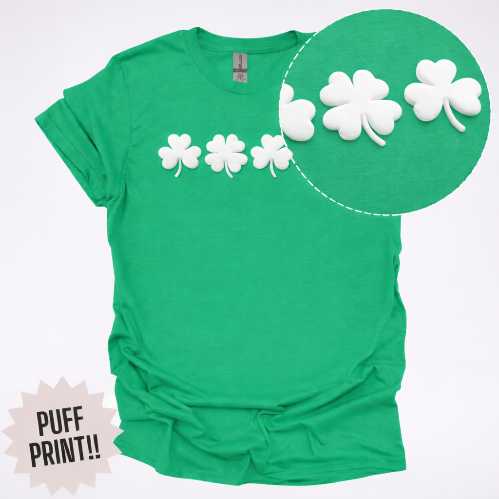 Four Puff Print Clovers - White Design - St. Patrick's Day T-Shirt