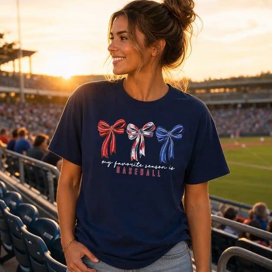 My Favorite Season Is Baseball – Red White Blue Bow Graphic T-Shirt