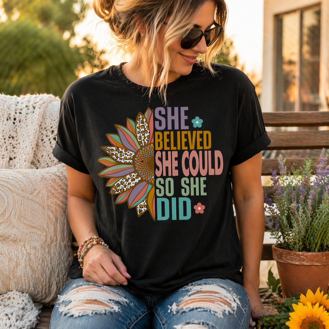 She Believed She Could So She Did – Sunflower Inspirational Graphic T-Shirt